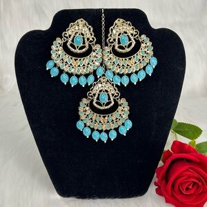 Elegant Sky Blue and Gold Earrings And Tikka Set
